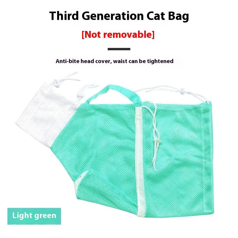 Upgraded fifth generation cat grooming restraint bag in pink and white.