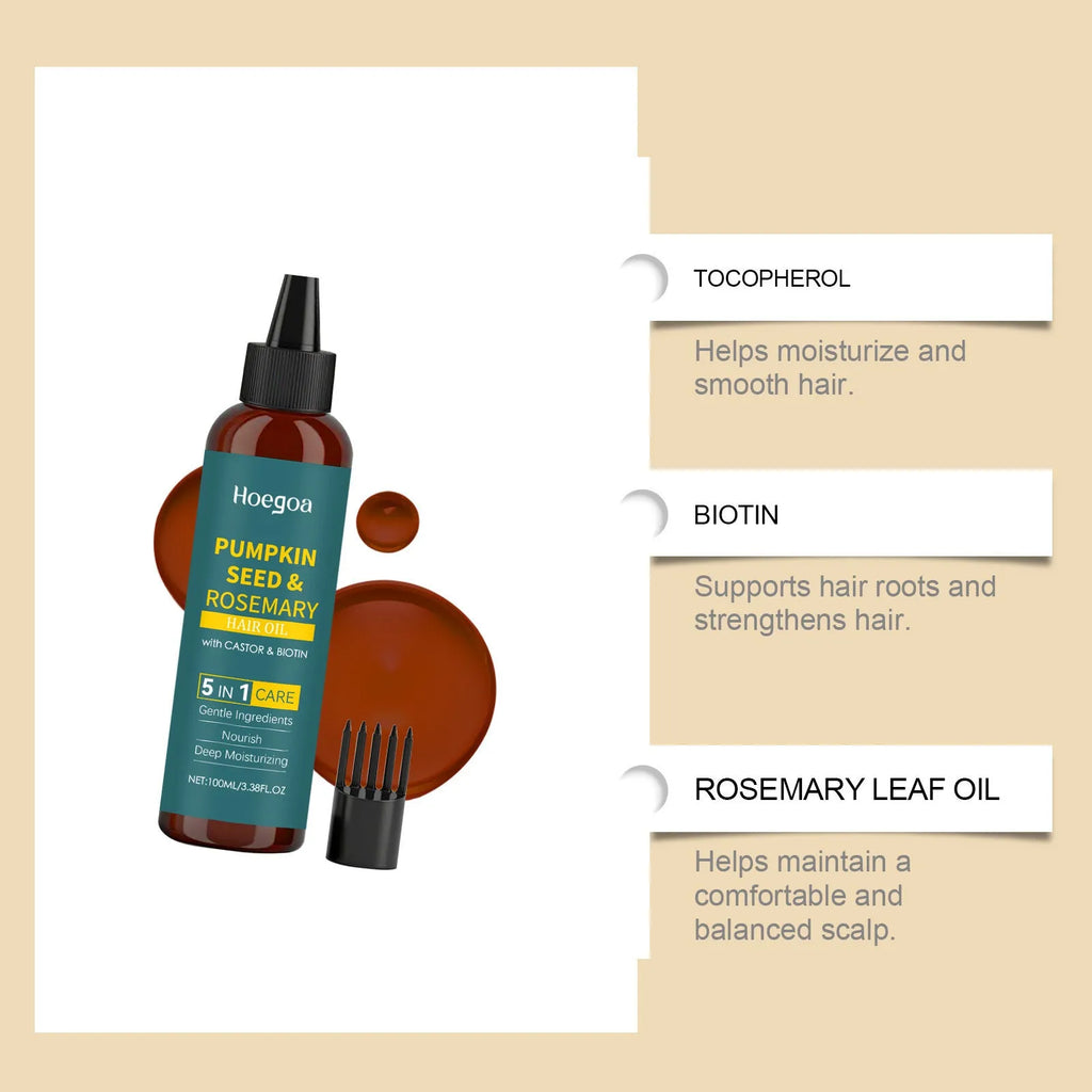 Rosemary hair essential oil 100 ml bottle with pointed applicator nozzle and black hair comb.