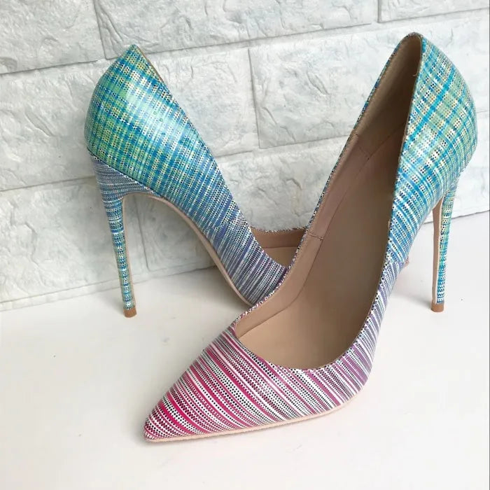 Pink and blue gradient patent leather women's high heels with a pointed toe.