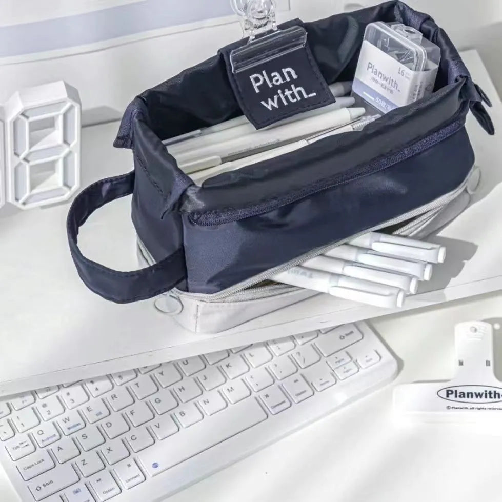 Polyester folding double layer pencil case in dark blue, blue or cream white colours