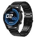 Black multifunctional sports watch with 1.3-inch IPS touchscreen on a genuine leather strap with classic buckle.