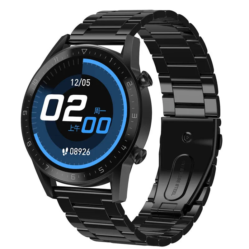 Black multifunctional sports watch with 1.3-inch IPS touchscreen on a genuine leather strap with classic buckle.