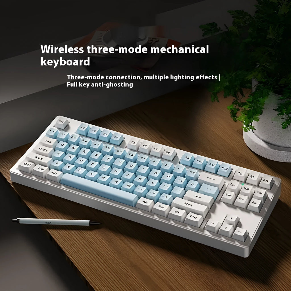 Mechanical keyboard with three connectivity modes in black, white, pink, or blue-white colour options