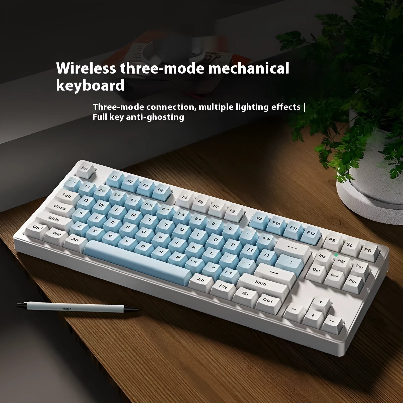 Mechanical keyboard with three connectivity modes in black, white, pink, or blue-white colour options