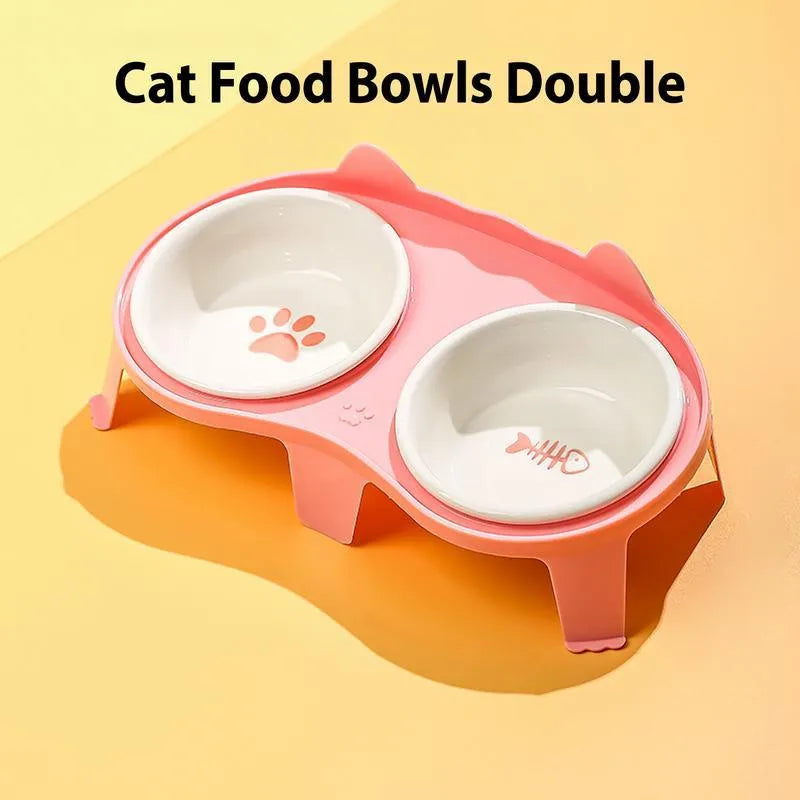 Blue ceramic cat food and water bowls on a white elevated ABS stand with a hook.