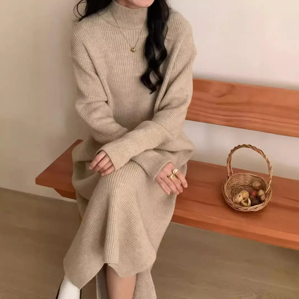 Half turtleneck knitted dress in acrylic fibre with knee-length skirt and long sleeves