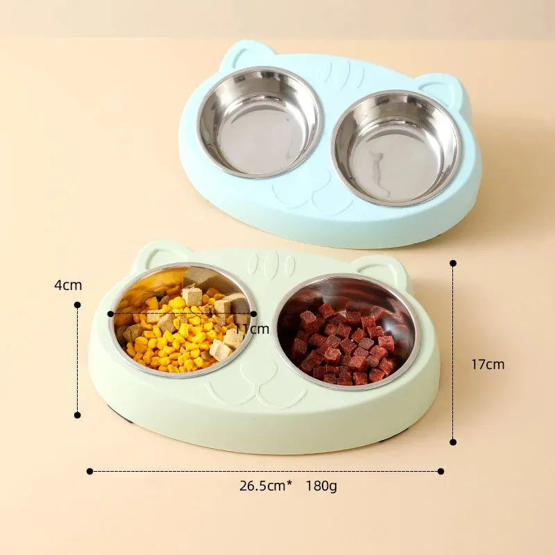 Blue plastic dual-bowl pet food and water feeder tray for cats and dogs