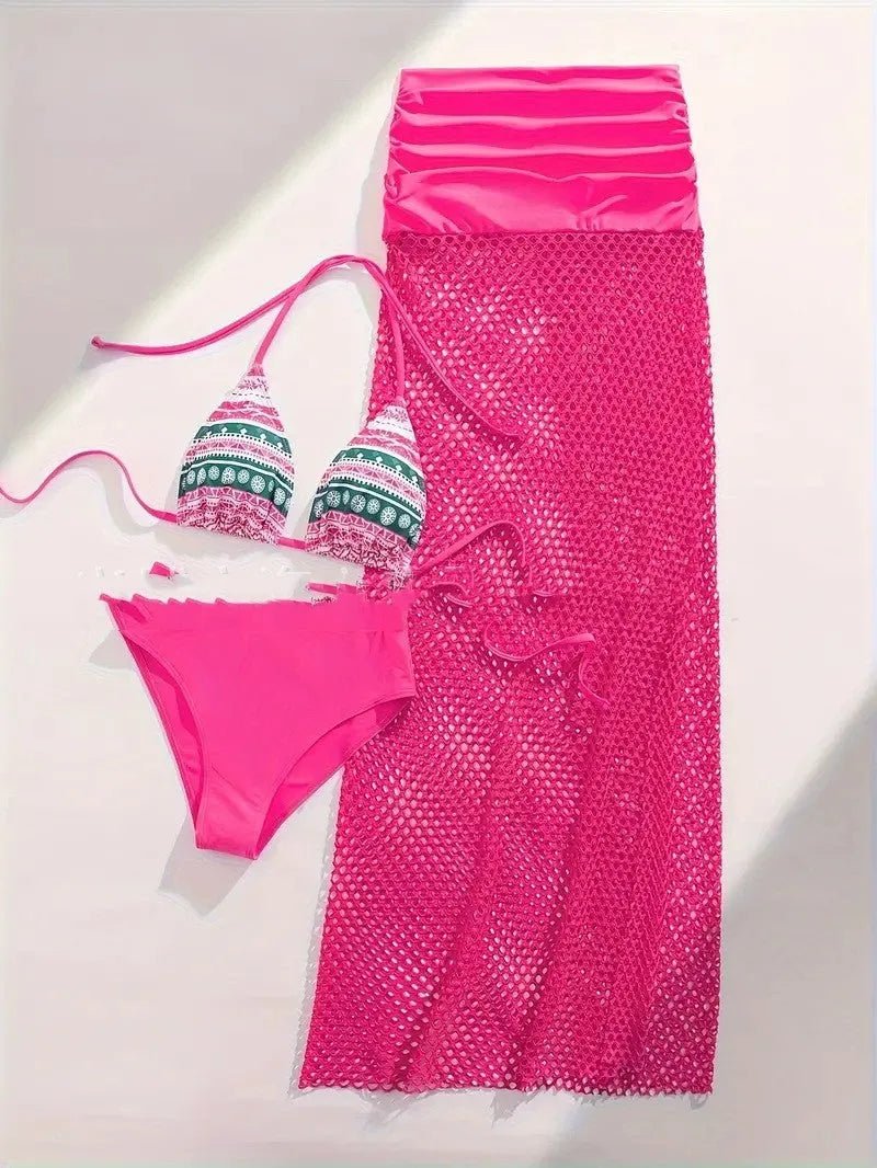 Women's brown gradient bikini set with fishnet overlay skirt, European-American swimwear style