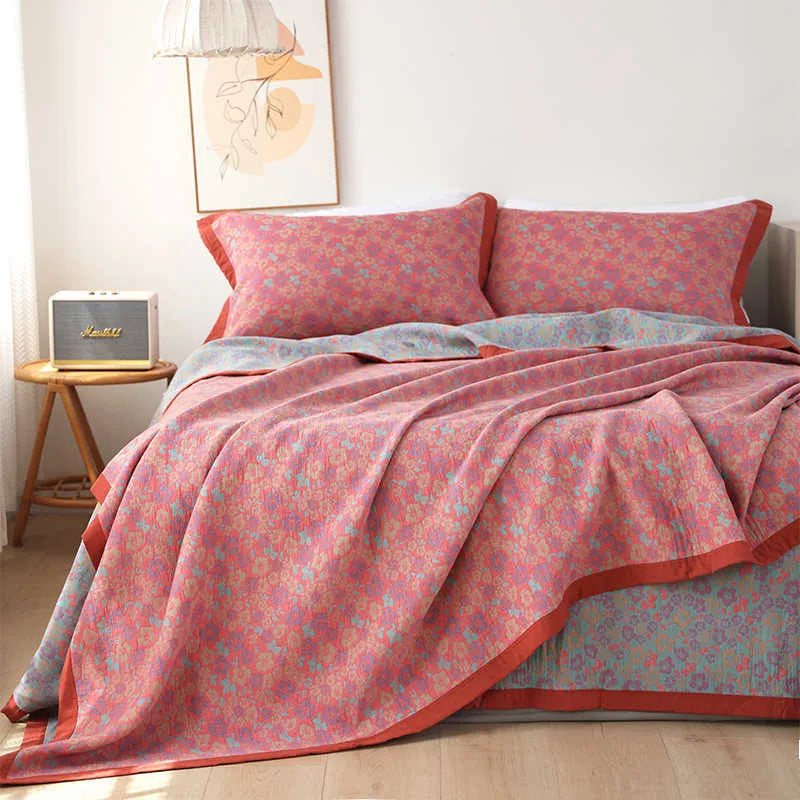 Cotton gauze bed blanket and matching pillowcases with plant and flower pattern in multiple size options