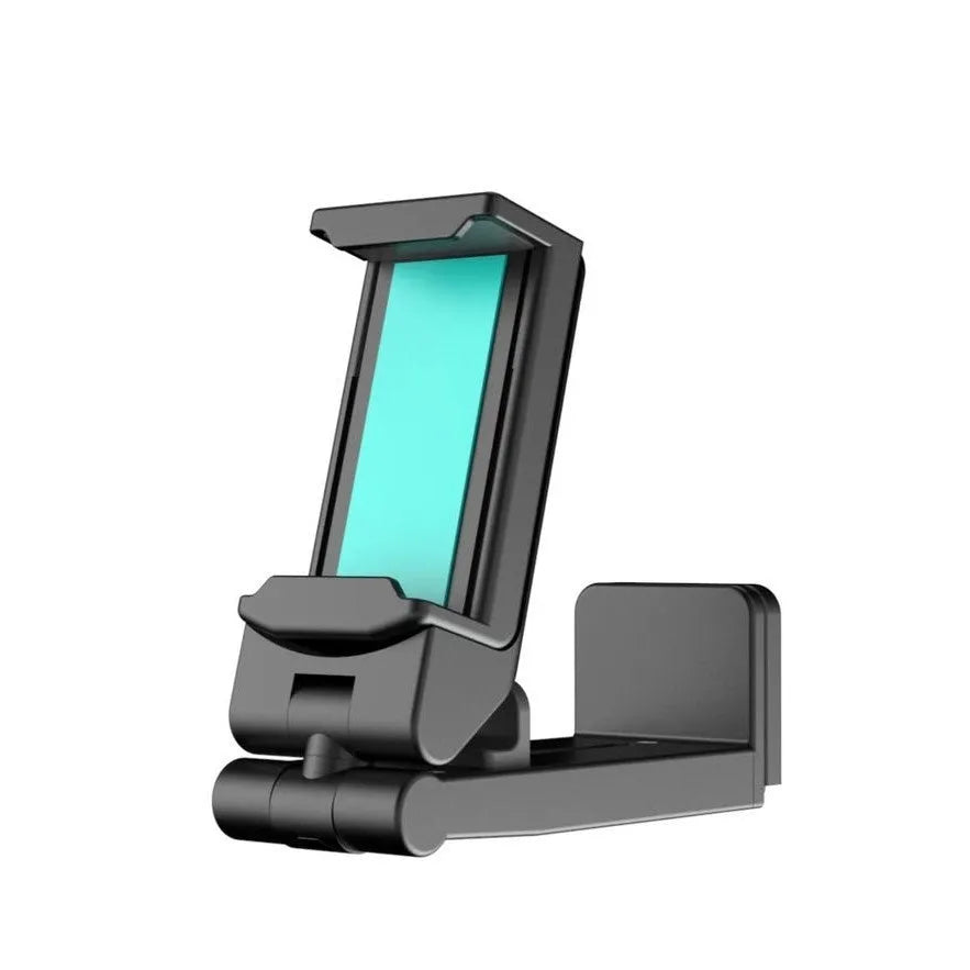 Foldable rotating phone holder in black, grey or green colours showing adjustable angle and universal phone compatibility
