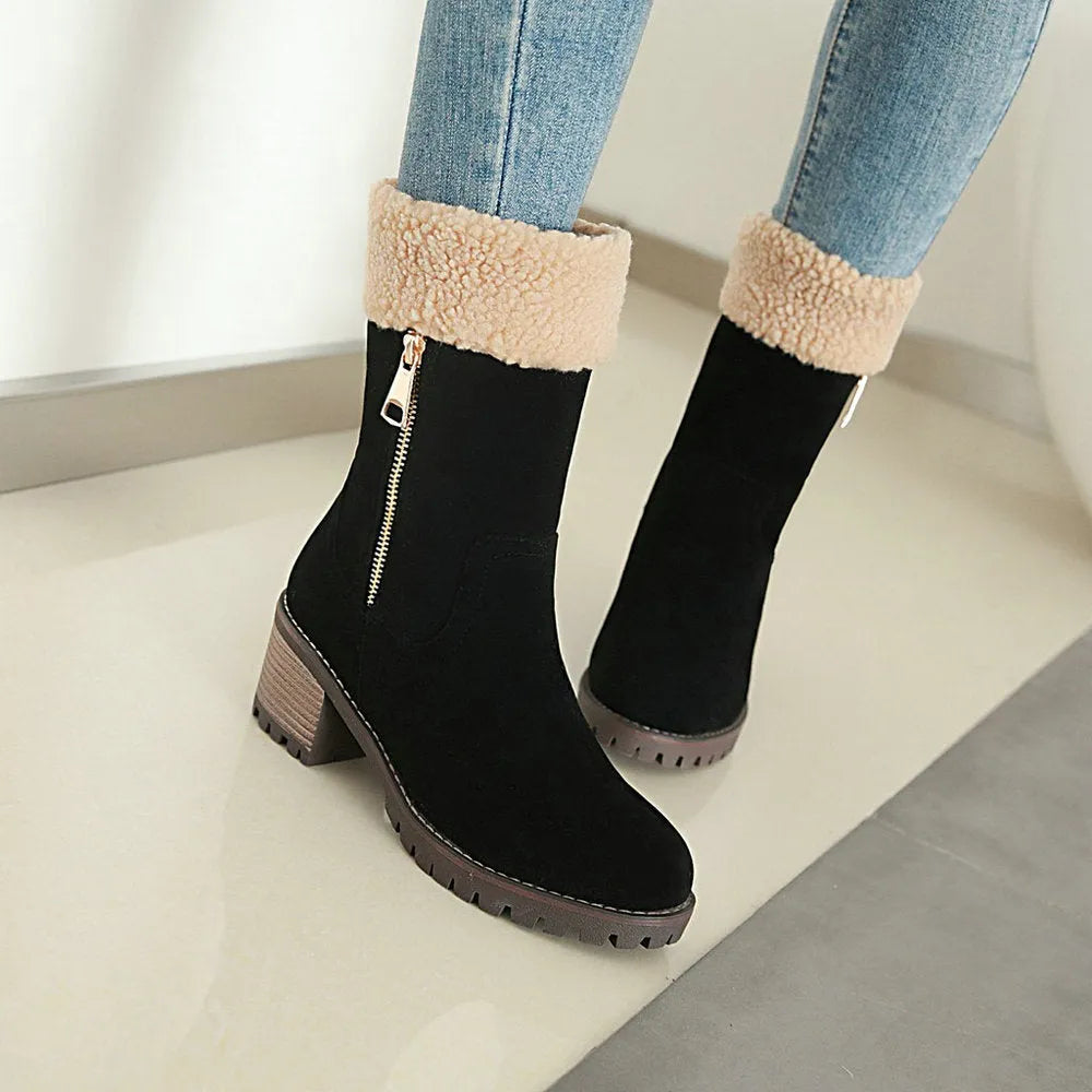 Snow boots with rubber soles and plush lining in black, grey, green, or orange colours
