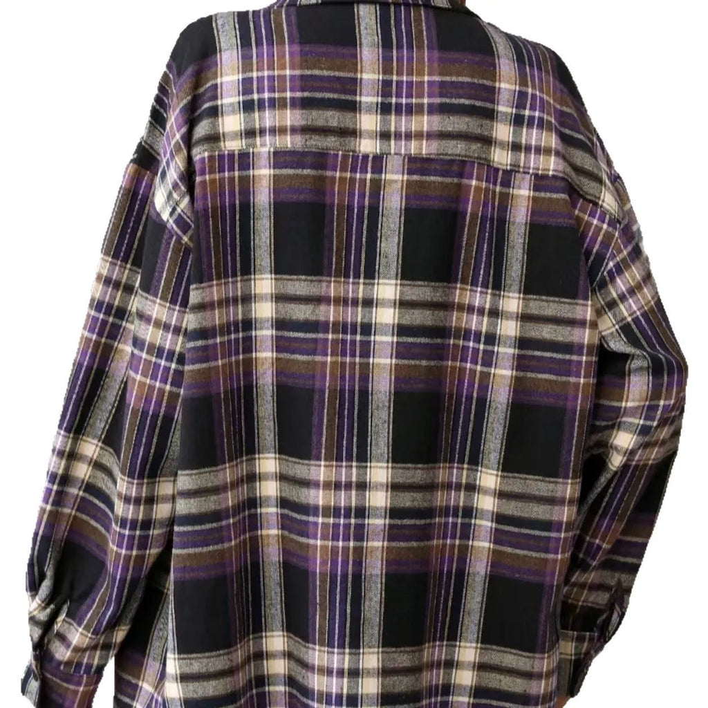 Women's loose retro plaid cotton shirt in black, green, or purple with long sleeves