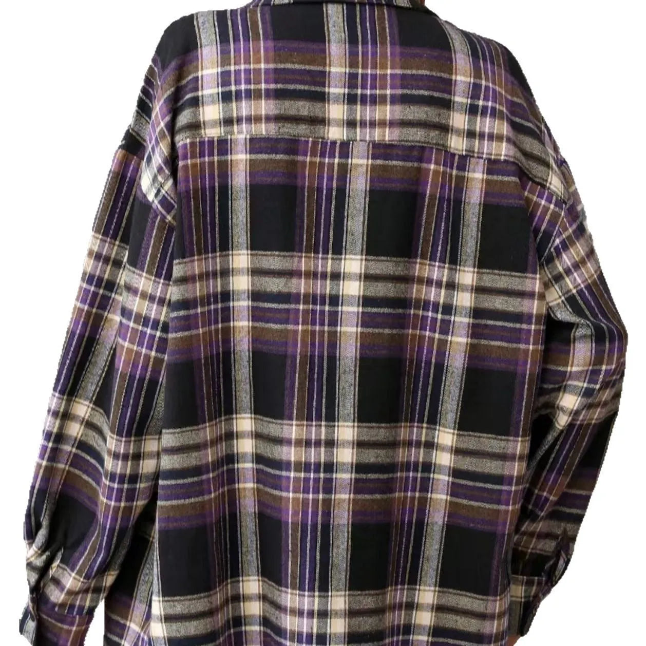 Women's loose retro plaid cotton shirt in black, green, or purple with long sleeves