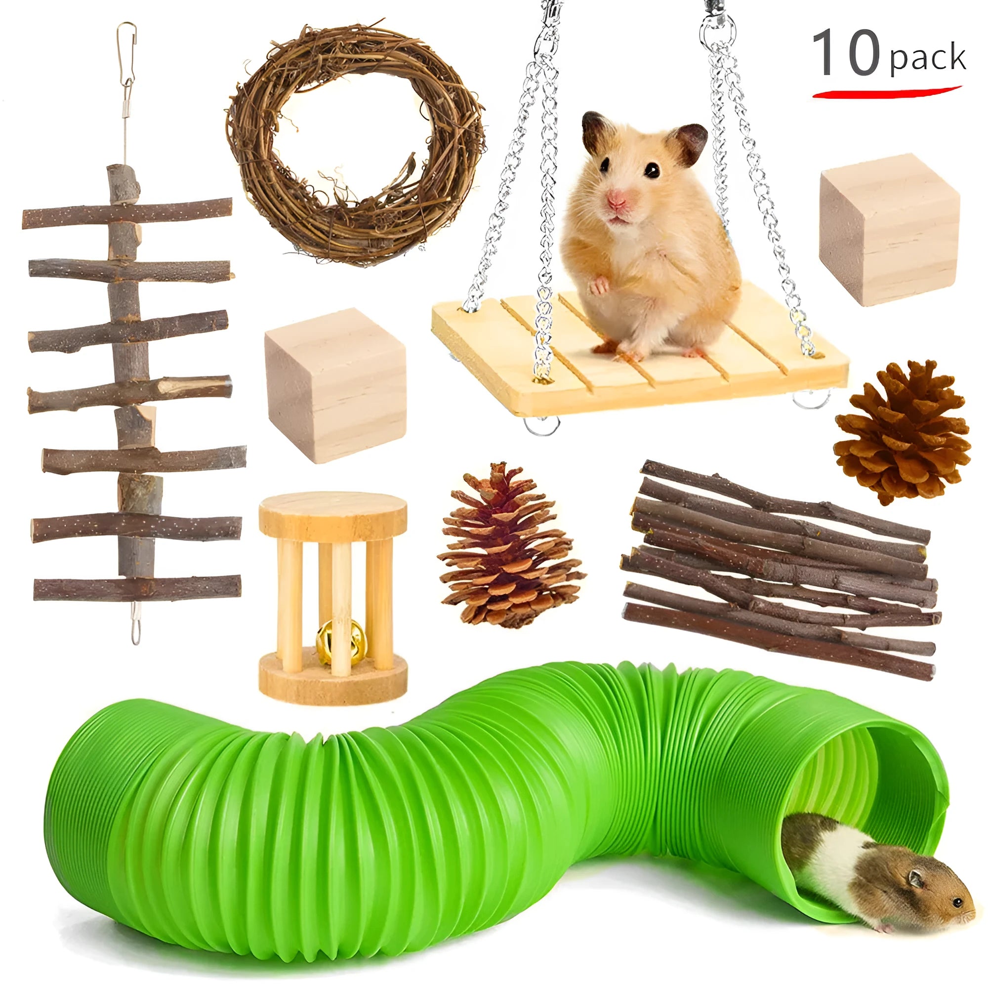 Assortment of wooden and natural material chewing toys for small pets including rabbits and guinea pigs