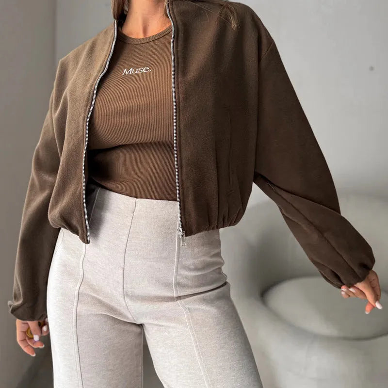 Women's off-shoulder round neck short coat with lantern sleeves in polyester fabric
