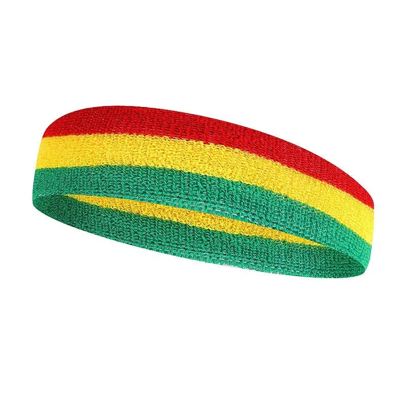 Colourful tri-colour sports headband for adults with stretch fabric measuring 5.5cm by 20cm