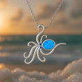 Silver Hawaiian octopus pendant necklace with geometric opal inlay on stainless steel chain