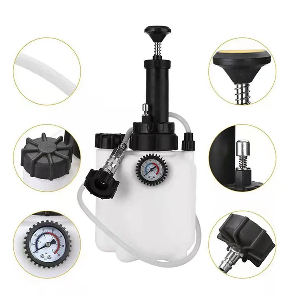 White 3-litre brake fluid bleeder kit with copper fittings and iron pump for car maintenance.