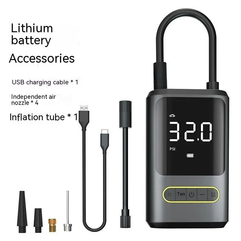 Handheld digital display car tyre inflator pump with LED screen, black ABS body, and air hose.