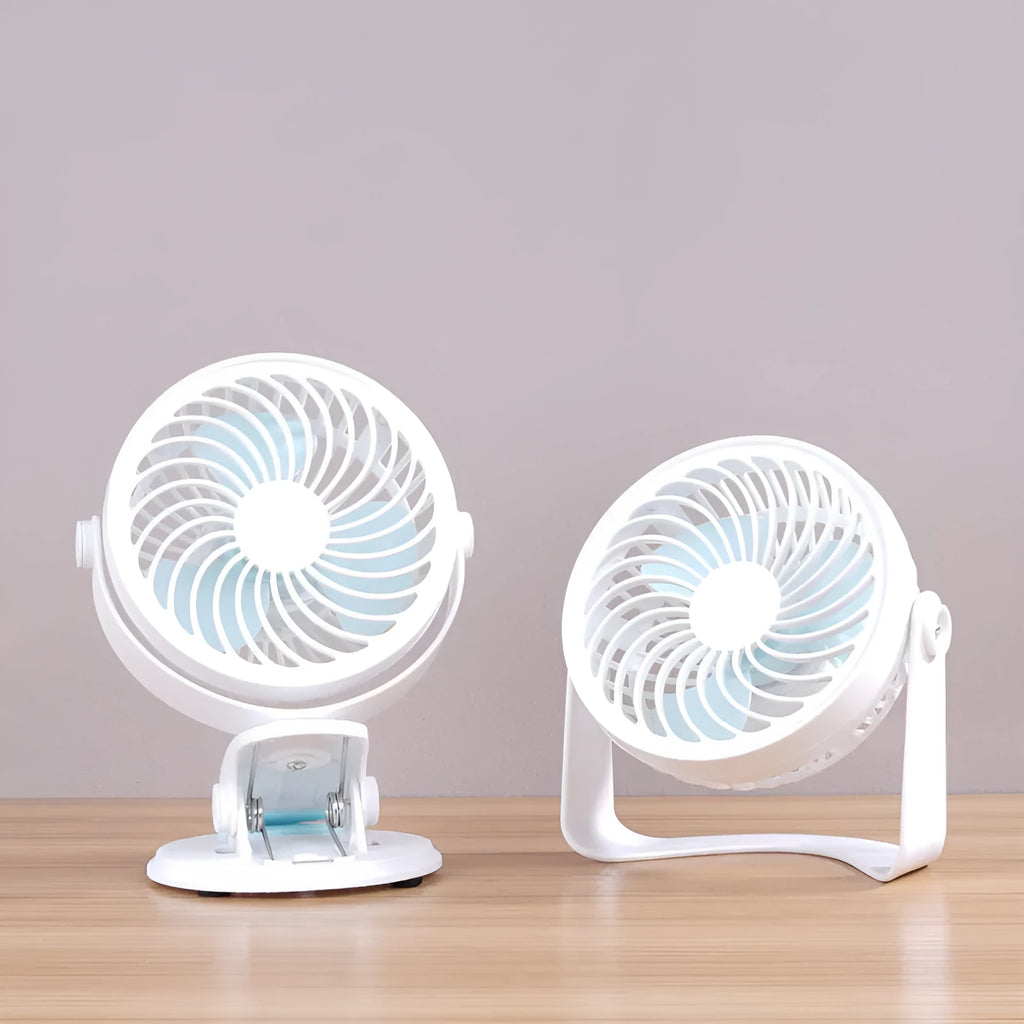 Small USB-powered desk fan shown in clip-on and floor-standing styles on a wooden desk.