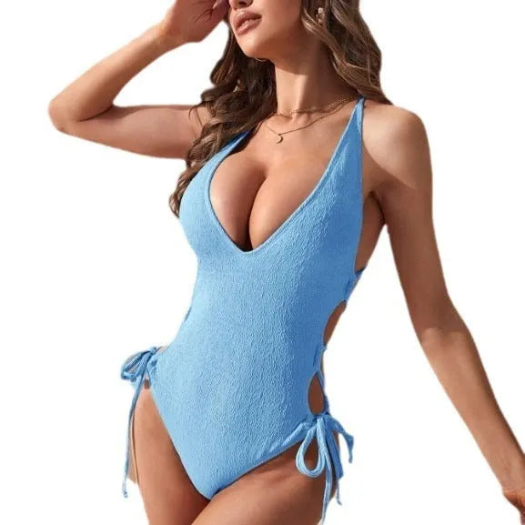 Women's hollow backless tether bikini in black polyester fabric, one-piece swimsuit with sleeveless design