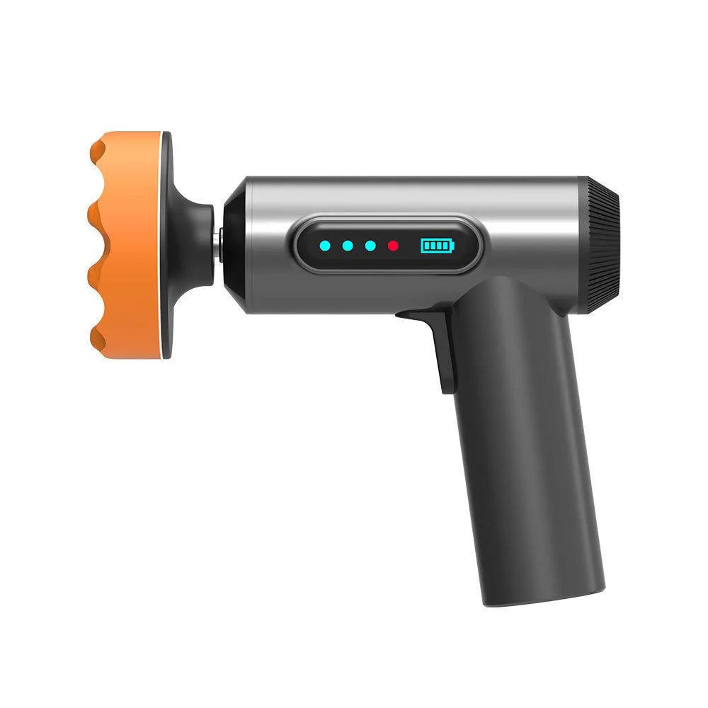 Cordless electric waxing and polishing machine with lithium battery on a workbench.