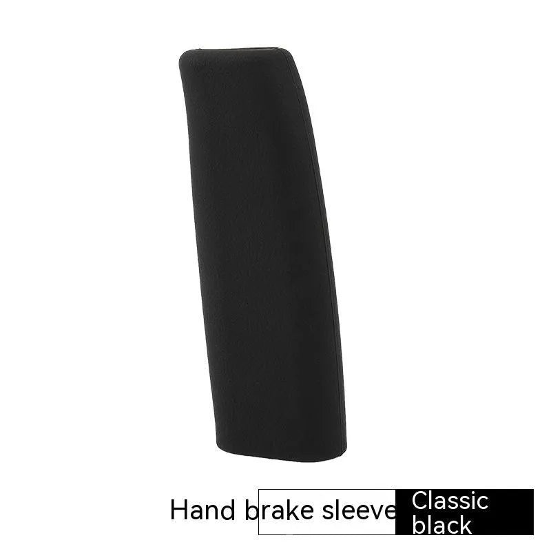 Universal silicone handbrake sleeve for cars shown in available colours: black, gray, beige, red, and blue.