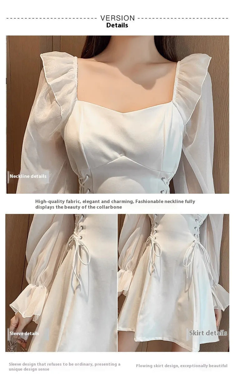 White chiffon patchwork women's dress with waist-slimming design and long sleeves