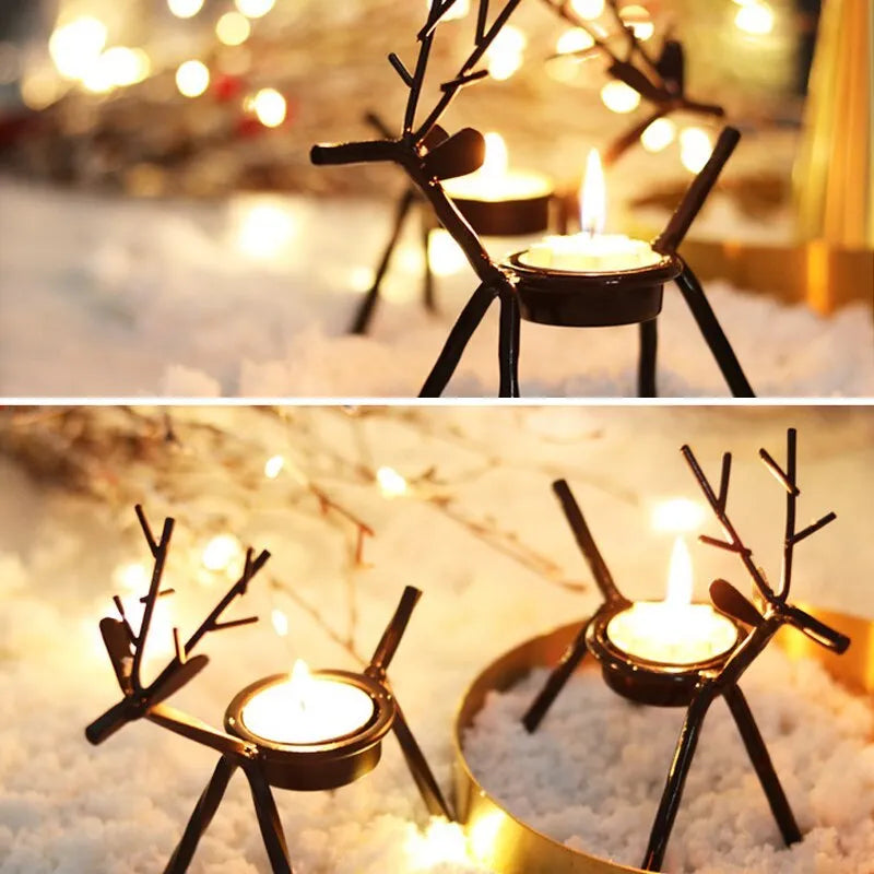 Black iron Christmas candlestick with deer or elk design for candle holding