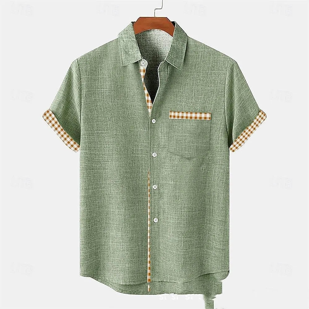 Linen short sleeve casual shirt with ocean fish pattern lapel in loose fit