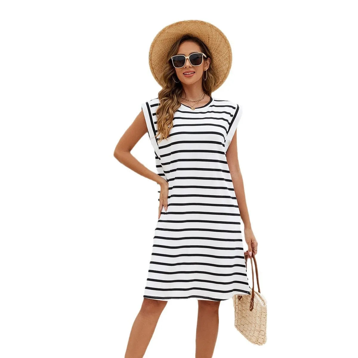 Black and white striped polyester beach cover-up blouse for women in free size