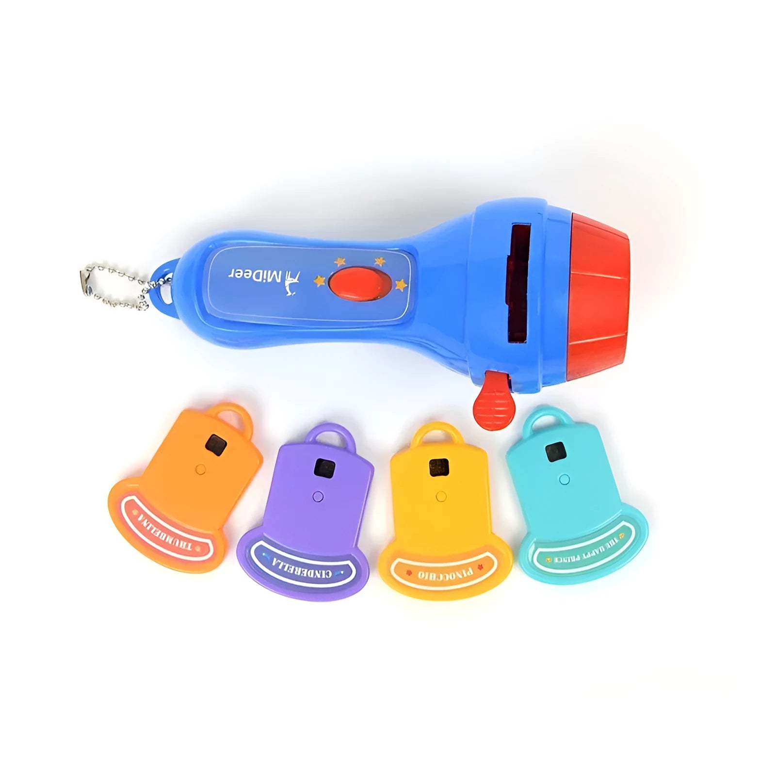 SmartKids children's storybook projector torch with 4 coloured discs projecting fairy tale image on wall.