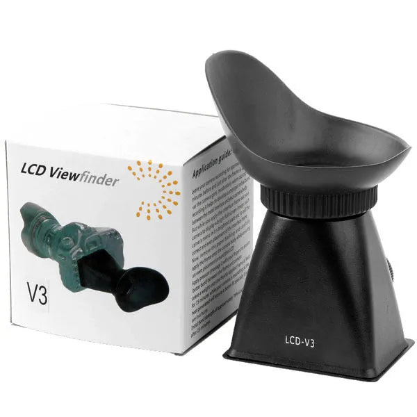 Black camera LCD viewfinder amplifier with 2.8x magnification mounted on a DSLR camera.