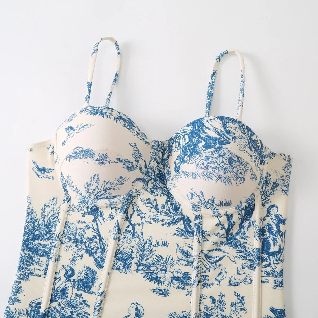 Women's blue patterned one-piece swimsuit with matching gauze skirt, polyester fabric, multiple size options