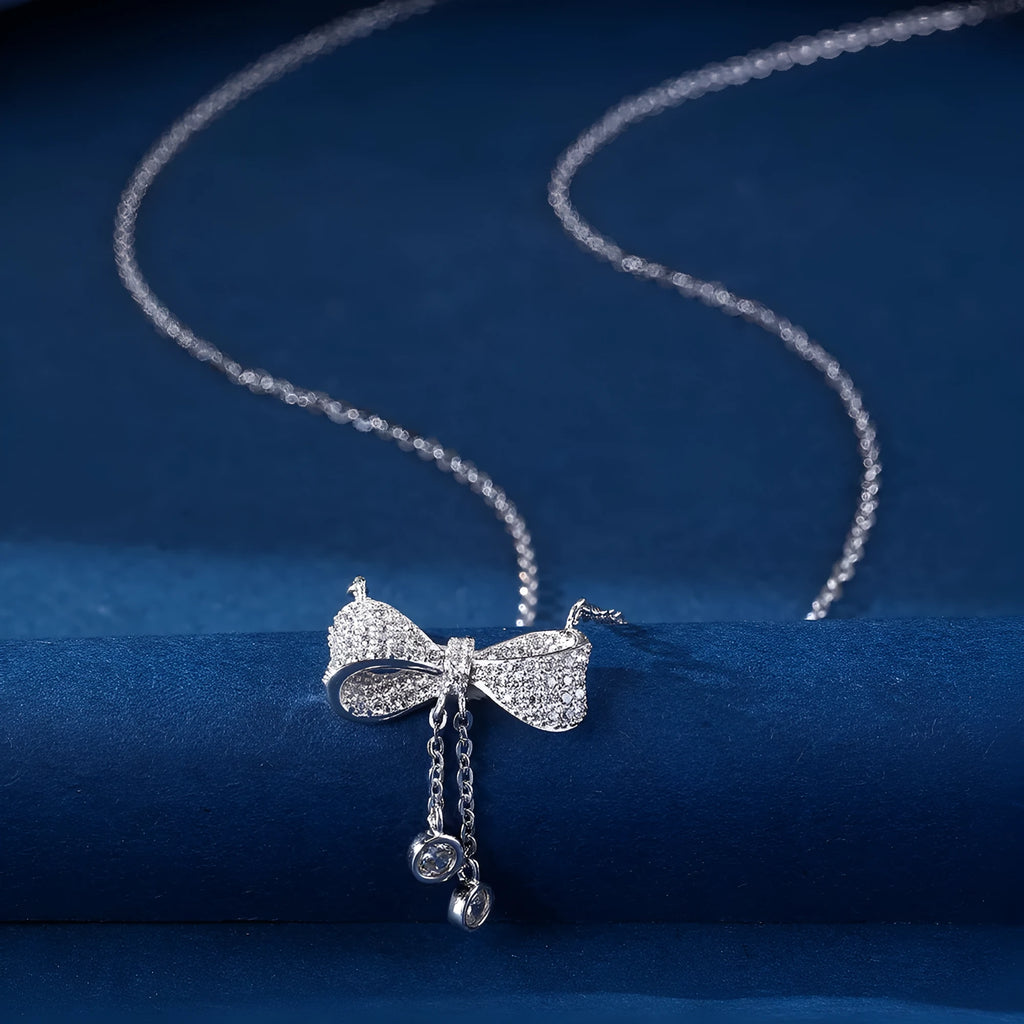 S925 sterling silver bow necklace with adjustable 40-45cm O-ring chain
