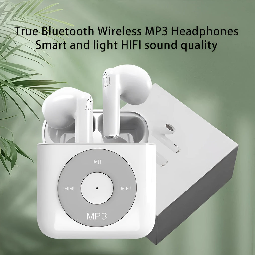 White wireless Bluetooth earphones with a charging case on a white background.