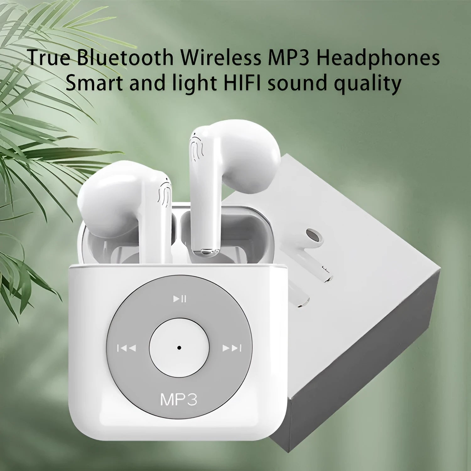 White wireless Bluetooth earphones with a charging case on a white background.