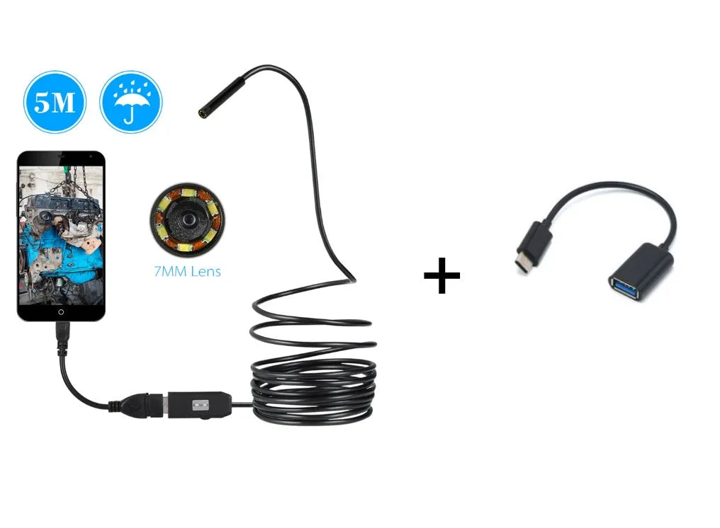 OWSOO USB endoscope with 5m cable, 7mm camera lens, small hook, magnet, and side mirror for phone inspection.