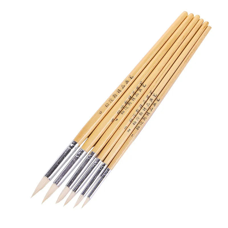 Six wooden-handled hook line pen brushes for art and calligraphy in a set