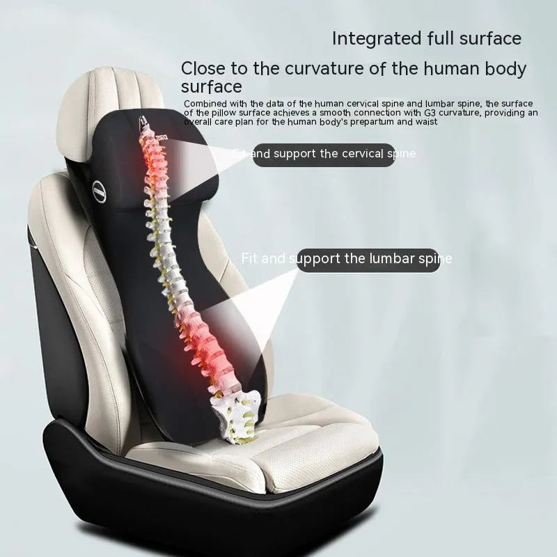 Black automotive memory foam waist cushion and headrest lumbar support pillow set on car seat
