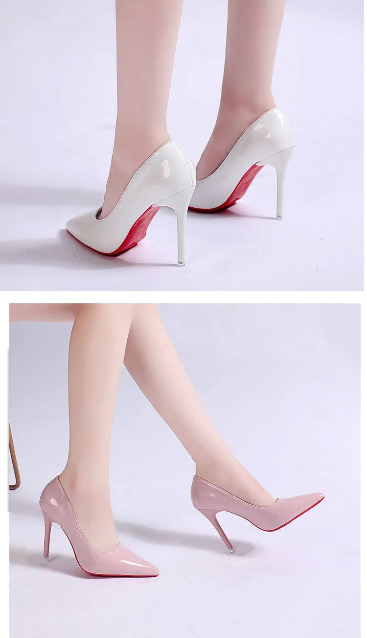 Women's solid colour stiletto heel pumps with pointed toe and shallow mouth design.