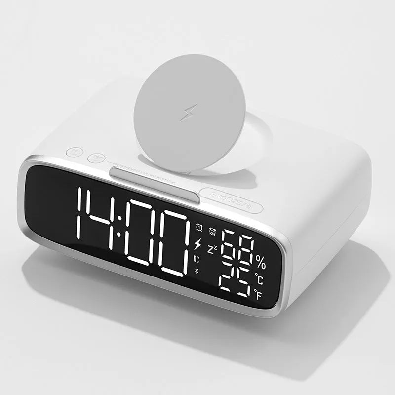 Compact white ABS acrylic 3-in-1 unit combining a Bluetooth speaker, wireless charger, and night light.
