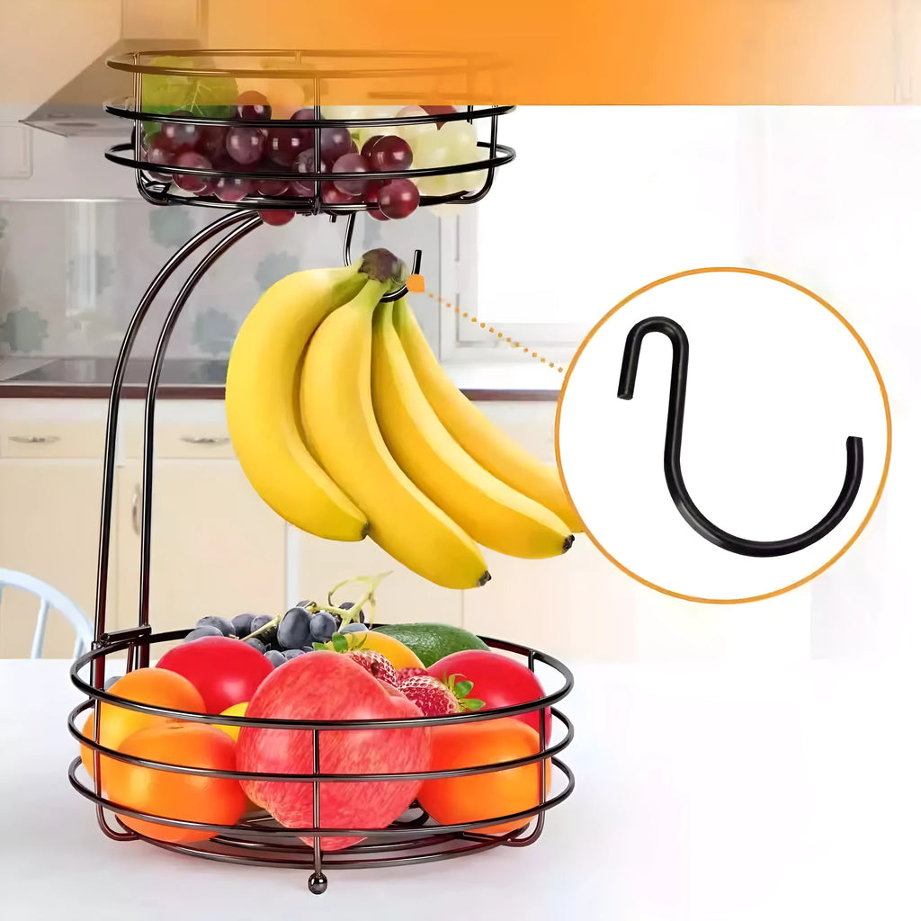 Black double-layer wrought iron fruit basket with open metalwork design
