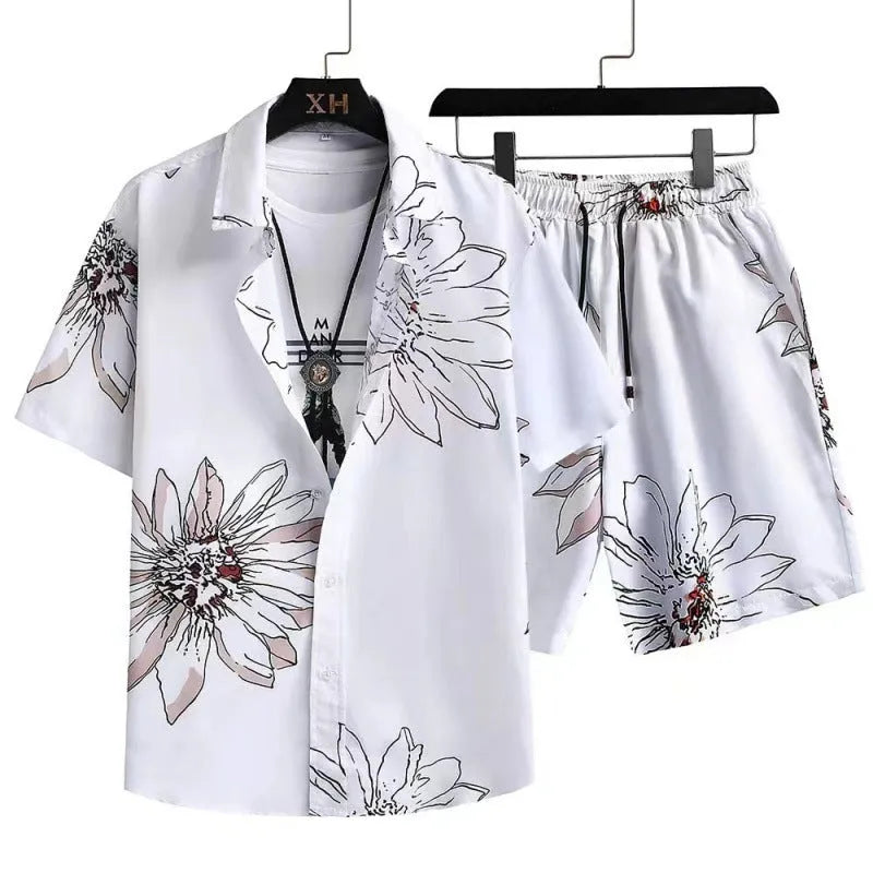 Men's digital print casual suit with short sleeve cardigan and matching shorts in polyester.