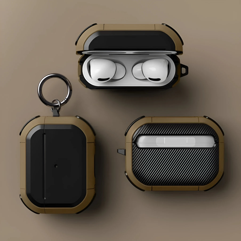 Black TPU and PC protective shell case for AirPods Pro and AirPods 1/2 generation earphones.
