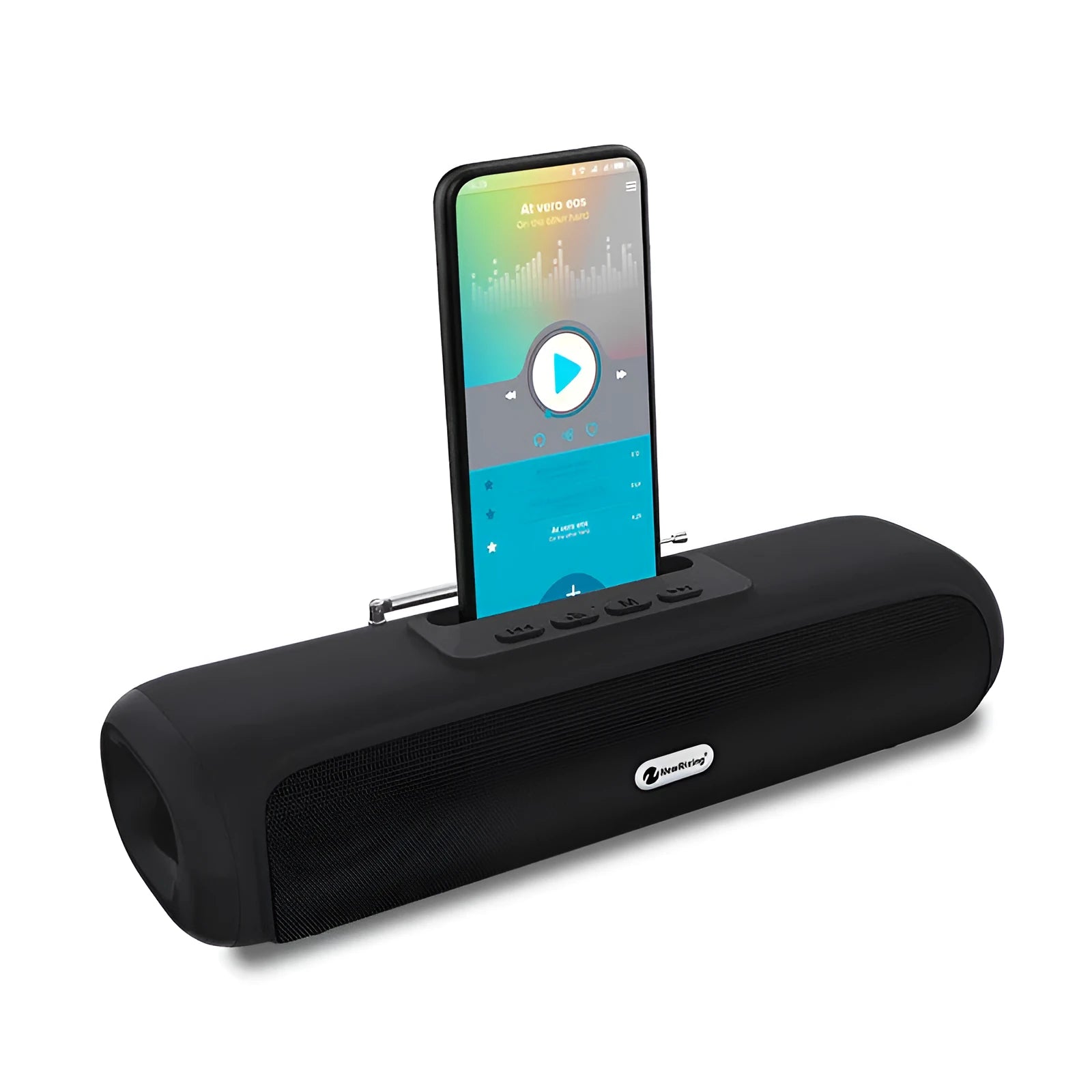 Desktop wireless long strip subwoofer speaker in black, blue, red, or silver grey colours.