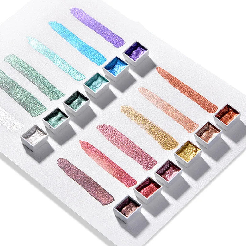 Boxed set of solid pearlescent watercolour pigment blocks in various colours