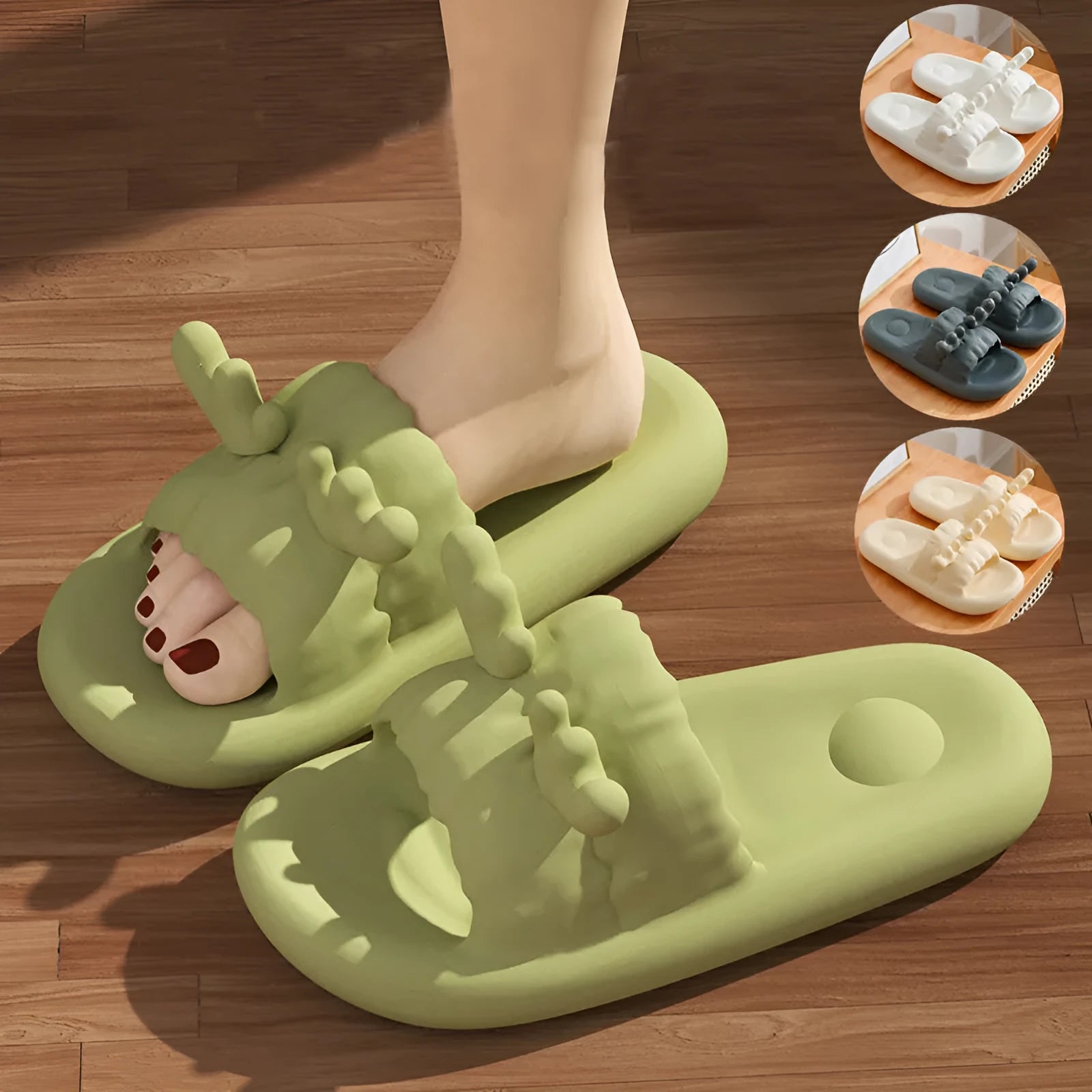 Deer horn pattern flip-flop slippers with non-slip EVA sole in white, light yellow, green, or dark grey