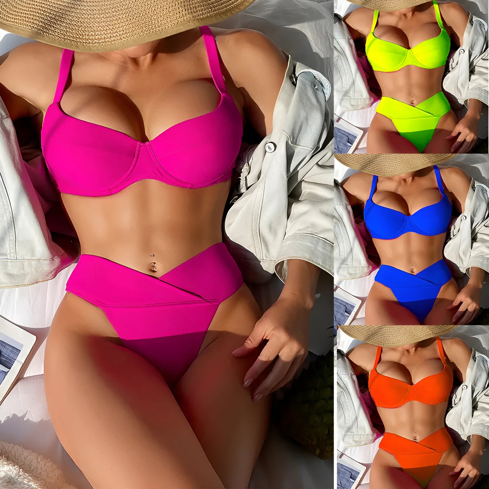 Women's solid colour fluorescent bikini set in briefs style for swimming.