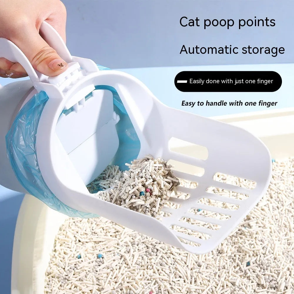 Grey cat litter scoop tool with attached waste collection bin and foldable bottom.